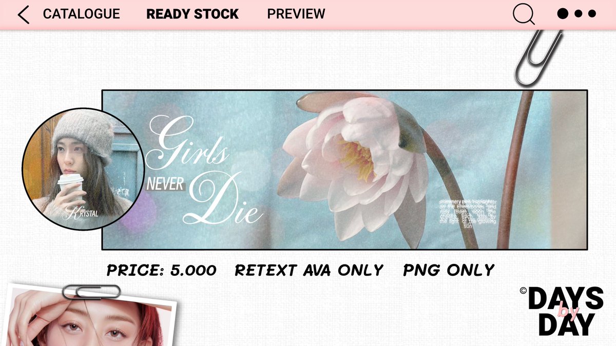 DAYS_BY_DAY's tweet image. Halo, boleh tolong repost? Makasiih

Aku menyediakan lagi layout ready stock giselle, krystal, rose, dan jennie dengan harga 5.000 saja! Bisa retext di ava yaaa &amp;lt;3 Silakan DM jika berminat, jangan lupa @ setelah mention 🤗 #zonauang