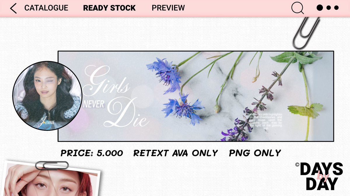 DAYS_BY_DAY's tweet image. Halo, boleh tolong repost? Makasiih

Aku menyediakan lagi layout ready stock giselle, krystal, rose, dan jennie dengan harga 5.000 saja! Bisa retext di ava yaaa &amp;lt;3 Silakan DM jika berminat, jangan lupa @ setelah mention 🤗 #zonauang