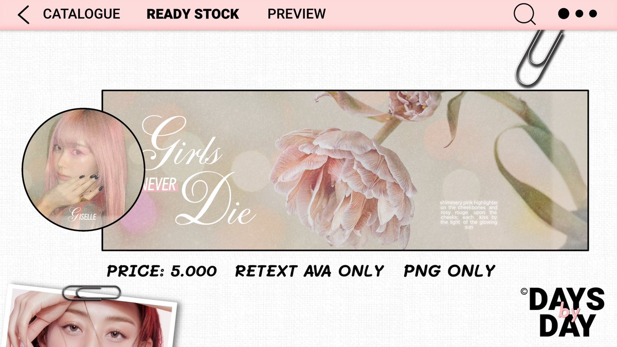 DAYS_BY_DAY's tweet image. Halo, boleh tolong repost? Makasiih

Aku menyediakan lagi layout ready stock giselle, krystal, rose, dan jennie dengan harga 5.000 saja! Bisa retext di ava yaaa &amp;lt;3 Silakan DM jika berminat, jangan lupa @ setelah mention 🤗 #zonauang