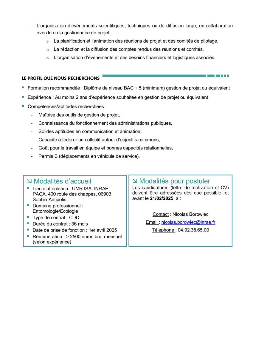 INRAE LutteBiologique (@inrae_lutte_bio) on Twitter photo #Recrutement
Nous recrutons un.e ingénieur.e chargé.e de projet pour piloter les activités administratives, logistiques et partenariales du projet #MOBACCLIM , financé par l’AAP #PARSADA et coordonné par <a href="/SAgrobiotech/">Sophia Agrobiotech</a>,
Prise de fonction souhaitée👉avril 2025 #Recrutement
Nous recrutons un.e ingénieur.e chargé.e de projet pour piloter les activités administratives, logistiques et partenariales du projet #MOBACCLIM , financé par l’AAP #PARSADA et coordonné par <a href="/SAgrobiotech/">Sophia Agrobiotech</a>,
Prise de fonction souhaitée👉avril 2025