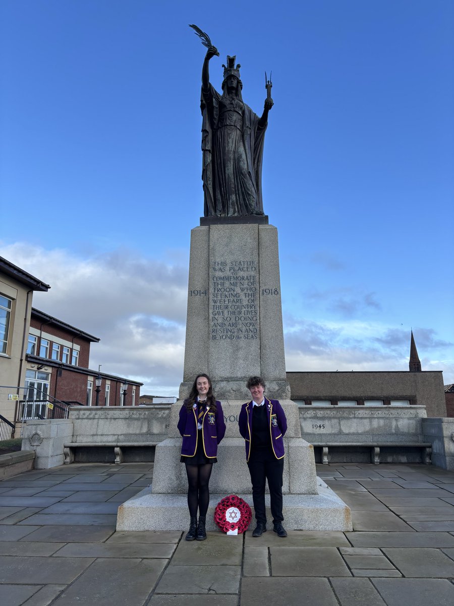 School Captains Connie and Megan joined royal British Legion Troon to lay a wreath on behalf of the community on Holocaust Memorial Day. Later they will lead S1 assembly to mark the 80th anniversary of the liberation of  Auschwitz-Birkenau. #Community #Respect #HMD2025