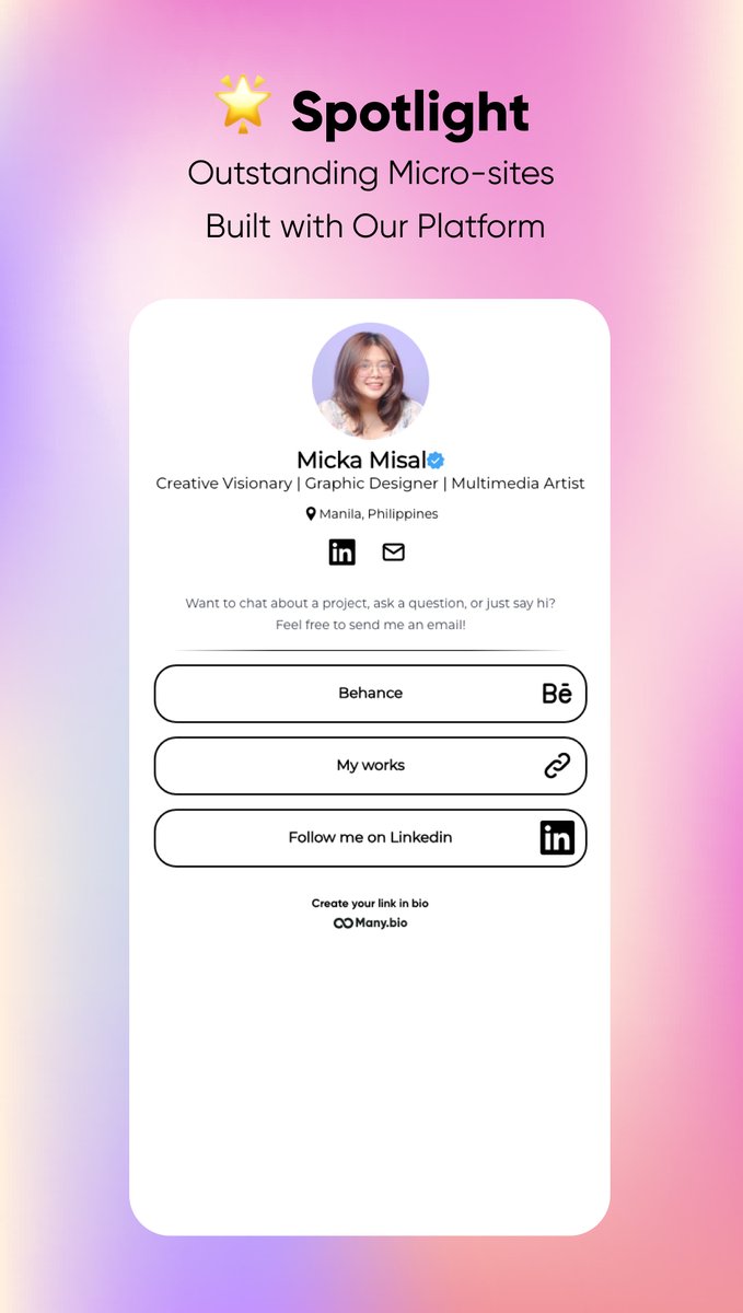 🌟 Spotlight: Where Design Meets Multimedia Magic
Excited to showcase Micka Misal's captivating portfolio site! From Manila comes this creative visionary who seamlessly blends graphic design with multimedia artistry.  
Experience her visual world: many.bio/micka