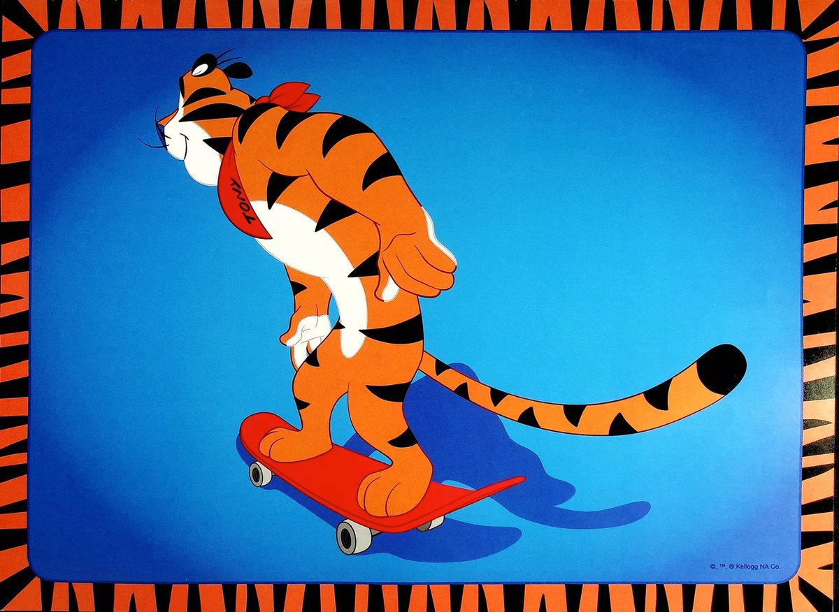 Kellogg's Tony the Tiger Frosted Flakes cereal cartoon mascot posters (frisbee, skateboard)