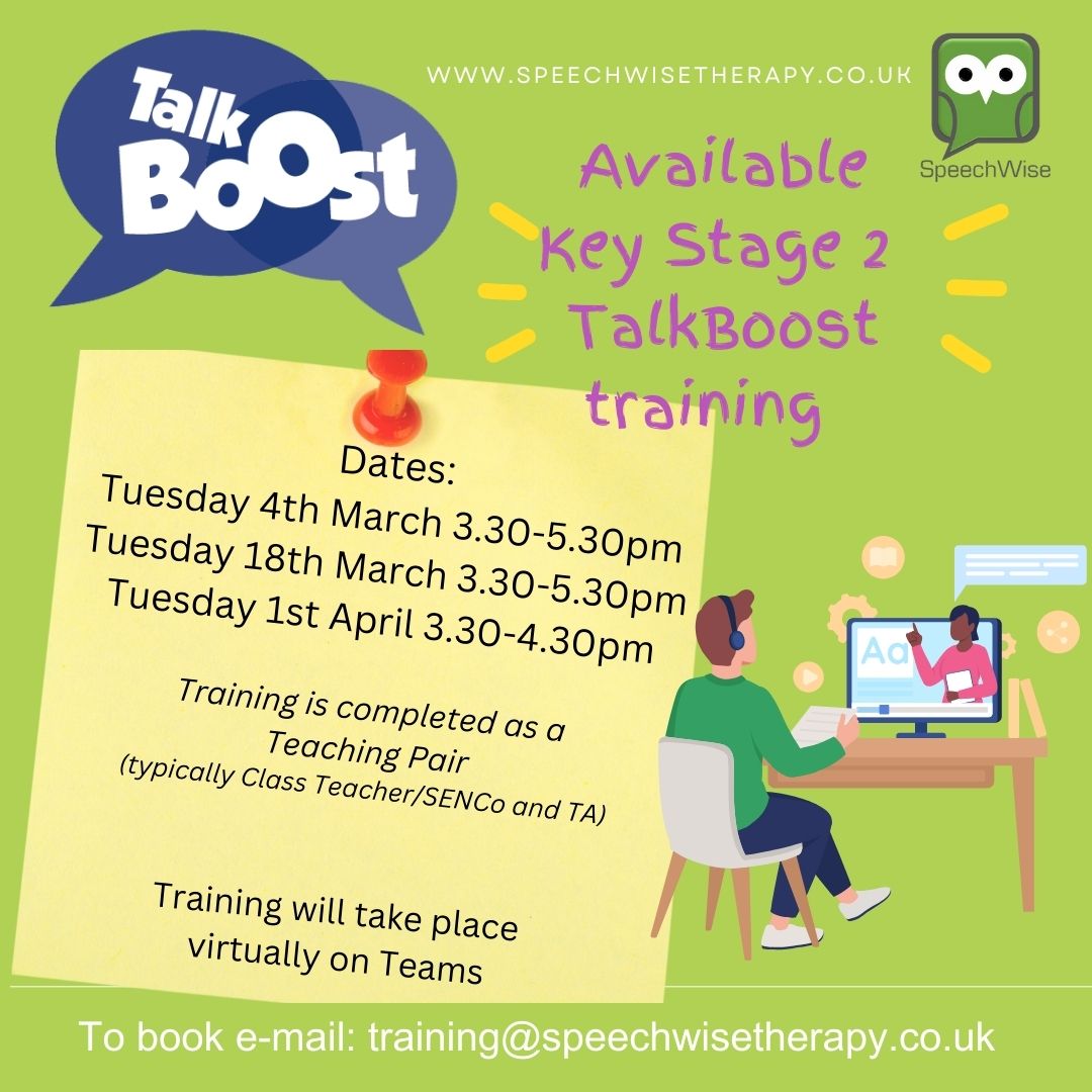 SpeechWise (@speech_wise) on Twitter photo We're excited to be able to offer <a href="/SpeechAndLangUK/">Speech and Language UK</a> #KS2 #talkboost starting in March. The training starts at 3.30 and is virtual. Get in touch to book a place or find out more about the other fabulous trainings we offer. #edutwitter #primaryteacher #teachertwitter #senco We're excited to be able to offer <a href="/SpeechAndLangUK/">Speech and Language UK</a> #KS2 #talkboost starting in March. The training starts at 3.30 and is virtual. Get in touch to book a place or find out more about the other fabulous trainings we offer. #edutwitter #primaryteacher #teachertwitter #senco