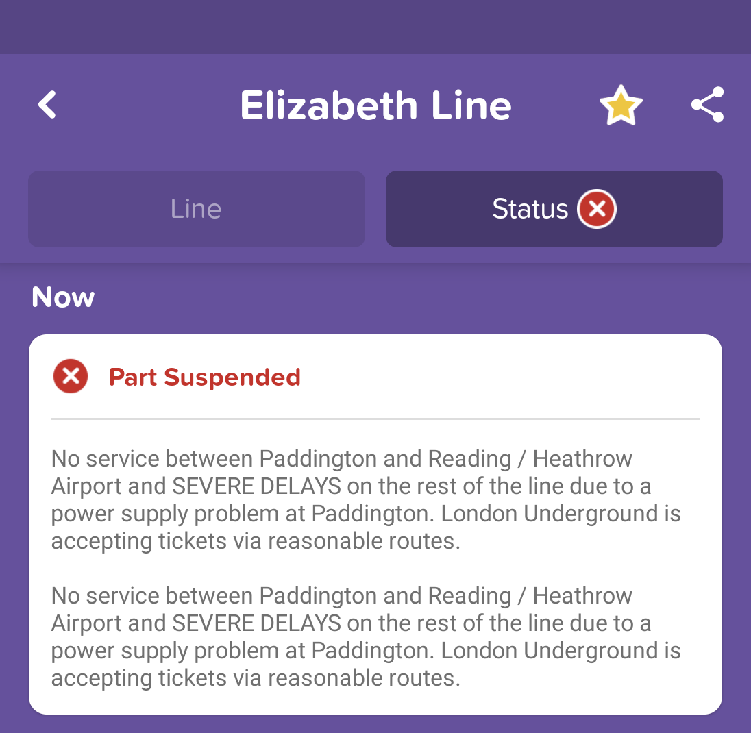 The Elizabeth Line, power problems for the second day in a row. #elizabethline