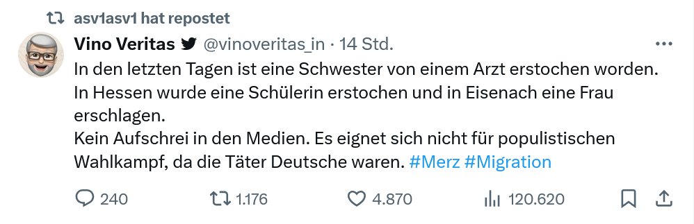 <a href="/tomdabassman/">TheRealTom™ - Trusted Flagger</a> Seltsam, dass euch Rechtsrechten ausschließlich Taten von Ausländern interessieren. Sicher Zufall. Oder kann es sein, dass euch die Opfer scheißegal sind, und es nur um die politische Agenda geht?