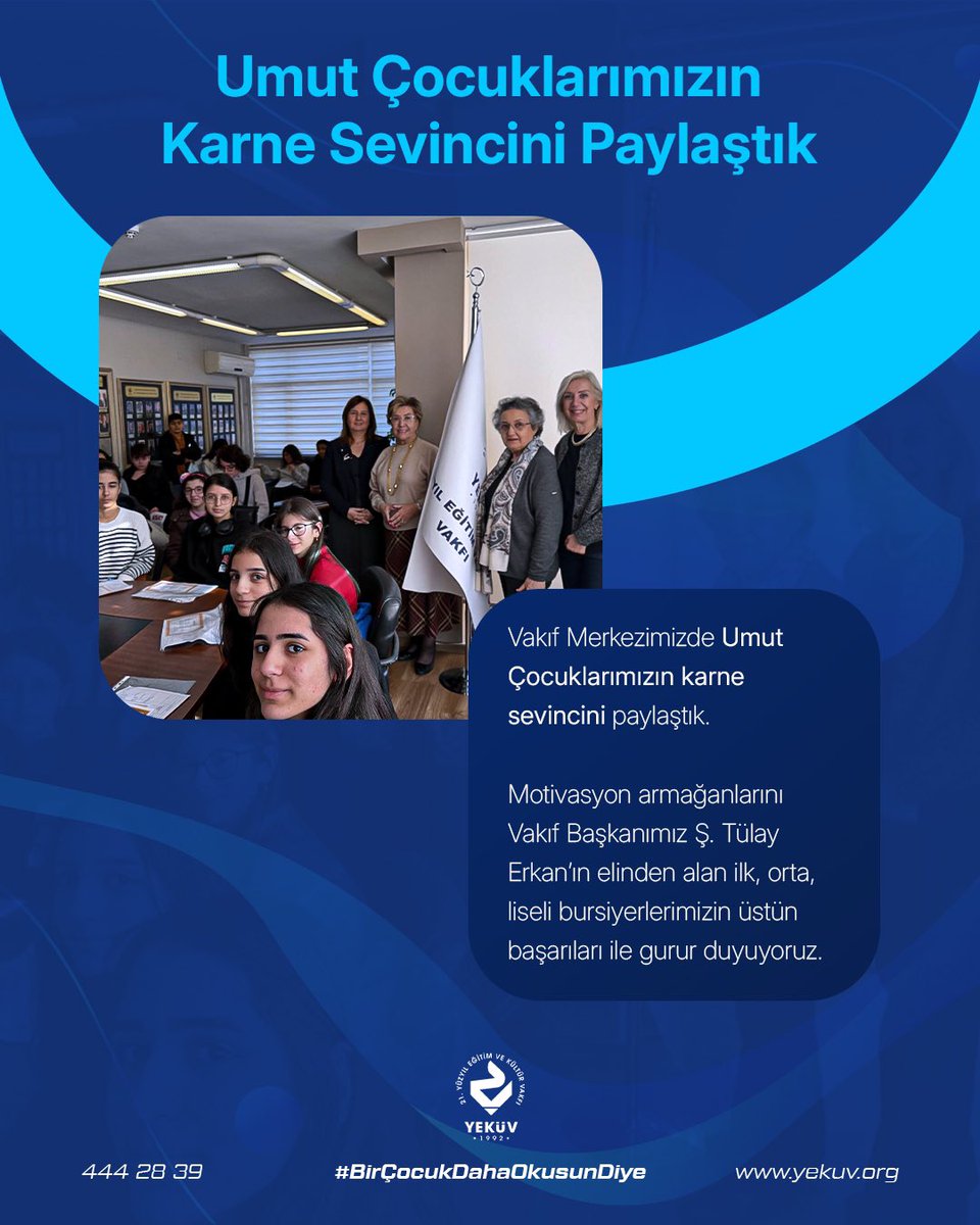 Vakıf Merkezimizde Umut Çocuklarımızın karne sevincini paylaştık. Motivasyon armağanlarını Vakıf Başkanımız Ş. Tülay Erkan’ın elinden alan ilk - orta - liseli Bursiyerlerimizin üstün başarıları ile gurur duyuyoruz.

#BirGencDahaOkusunDiye #BirCocukDahaOkusunDiye #EğitimleMümkün