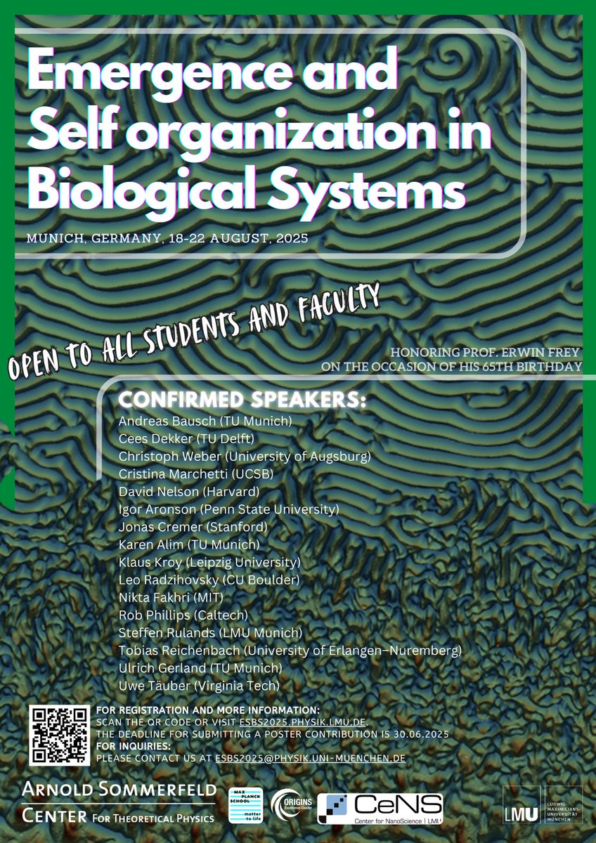 We are pleased to announce that the upcoming conference, “Emergence and Self-organization in Biological Systems” (ESBS 2025), will be held at the Arnold Sommerfeld Center in the Physics Department of LMU Munich from August 18 to 22, 2025.