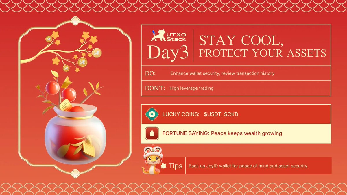 utxostack's tweet photo. 🧧 Day 3: Stay Cool, Protect Your Assets 🔐

💫 Today's Moves:
• Level up your wallet security 🛡️ 
• Check your transactions 📝 
• NO leverage gambling! ⚠️

🥠 Fortune says: "Peace keeps wealth growing"

Pro-tip: Backup your JoyID wallet ASAP.