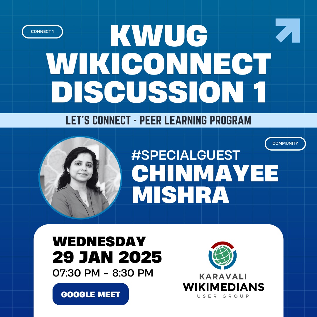 🌟 KWUG WikiConnect Inaugural Discussion  Hour

📢 Don’t miss this inspir Karavali Wikimedia Users Group WikiConnect Discussion  Hour 

🎙️ Our Guest: Chinmayee Mishra
📅29th January 2025
⏰ Time: 7:30 PM IST
📍 Venue: meet.google.com/rng-ysnp-thu

🔗 Register: w.wiki/CrvC