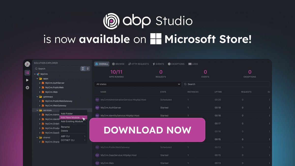 abpframework's tweet photo. 🚀 Exciting news! ABP Studio is now available on the Microsoft Store! 🎉
💻 Download now: https://t.co/g2L9wrESMJ
If you love using ABP Studio, don't forget to leave us a ⭐️ rating on the Microsoft Store!
#ABPStudio #MicrosoftStore https://t.co/ijTOCBgIM3