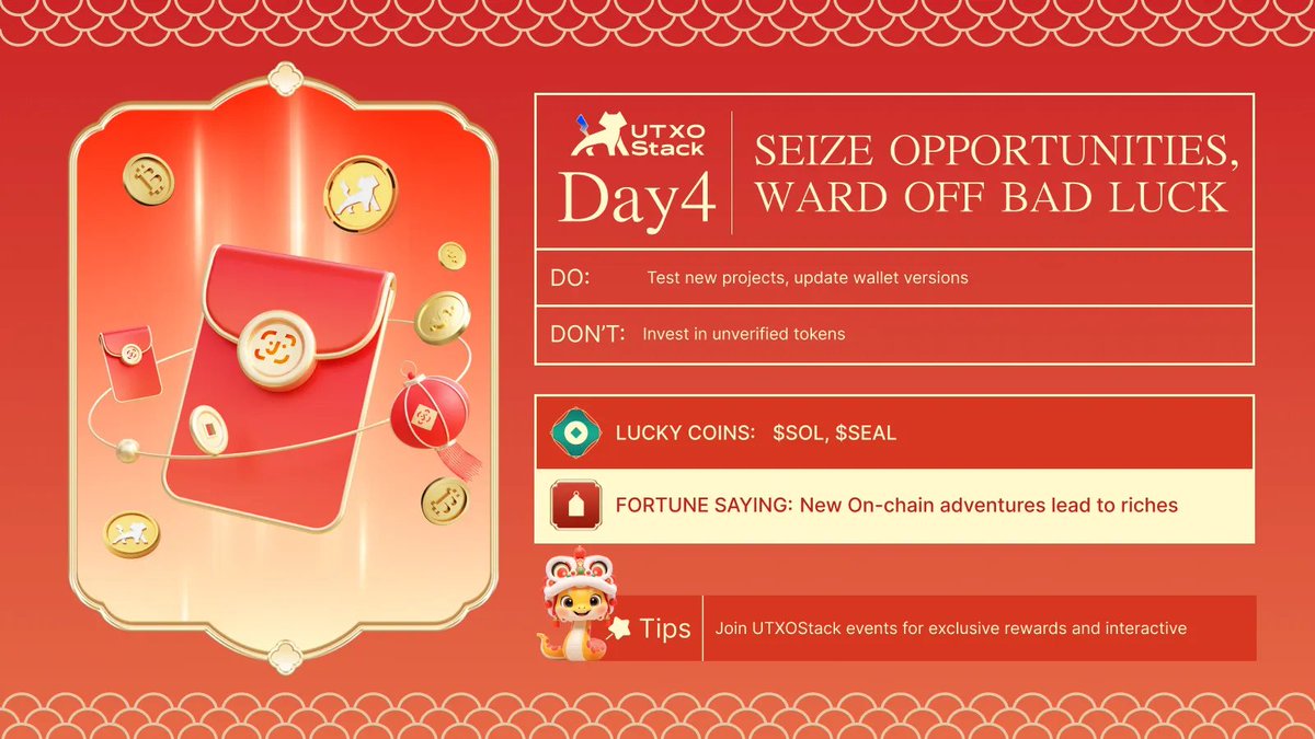 utxostack's tweet photo. 🧧 Day 4: Fresh Starts & Smart Moves! 🌟

💫 Today's Moves: 
• Try new promising projects 🔍
 • Skip sketchy tokens ⛔️

🥠 Fortune says: "New On-chain adventures lead to riches"

Pro-tip: Don't miss UTXOStack events for those sweet rewards! 🎁