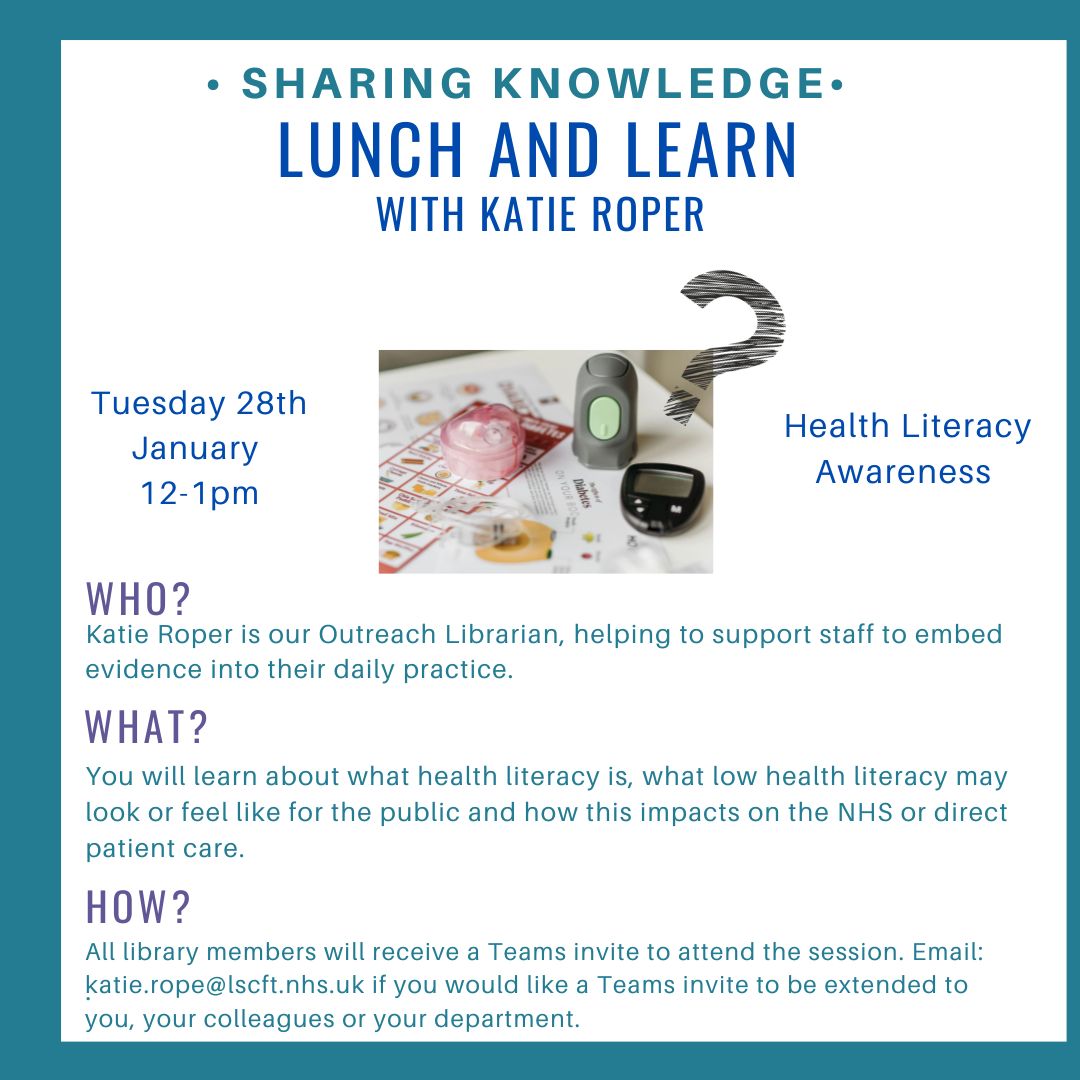 LSCFT_LKS (@lscftl) on Twitter photo Our lunch and learn is taking place today at 12pm. It's not too late to get involved to learn more about Health Literacy and how this may impact your patient's understanding. Get in touch for a Teams invite: academic.library@lscft.nhs.uk #sharingknowledge <a href="/WeAreLSCFT/">Lancashire & South Cumbria NHS Foundation Trust</a> Our lunch and learn is taking place today at 12pm. It's not too late to get involved to learn more about Health Literacy and how this may impact your patient's understanding. Get in touch for a Teams invite: academic.library@lscft.nhs.uk #sharingknowledge <a href="/WeAreLSCFT/">Lancashire & South Cumbria NHS Foundation Trust</a>
