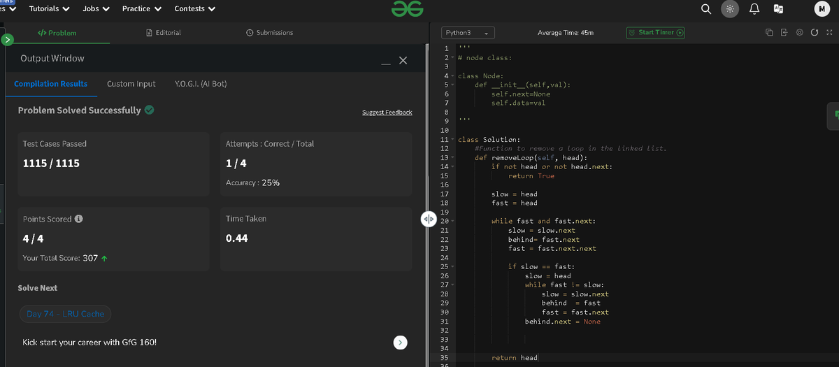 mansik0905's tweet photo. Day 70/160 #gfg160 #geekstreak2025 #geekstreak2024 #womeintech . today i done the problem of REMOVE LOOP IN LINKED LIST . #PYTHON https://t.co/sDdVLqCpfs