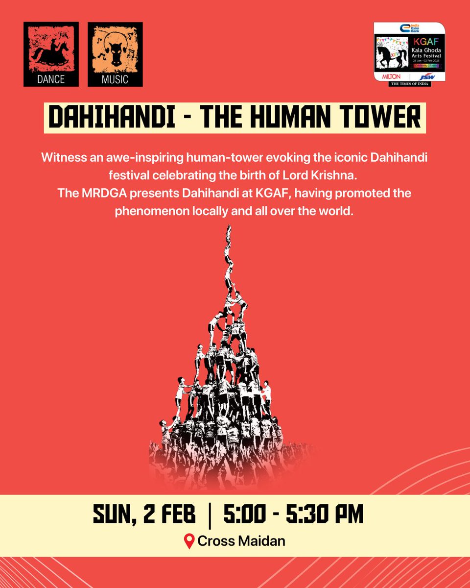 kgafest's tweet image. Experience the thrill of Dahihandi at #KGAFXXV! Witness an awe-inspiring human tower as the MRDGA brings this iconic tradition to life. 🏆✨

📅 Sun, 2 Feb | 🕔 5:00 – 5:30 PM
📍 Cross Maidan

Don’t miss this electrifying spectacle! #KalaGhodaArtsFestival #Dahihandi
