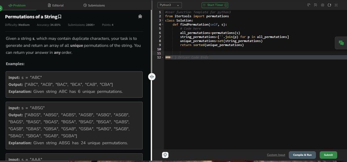 ShubhamBhoite98's tweet photo. Day 75: #gfg160 ✅                                       
Problem: Permutations of a String !

@geeksforgeeks #geekstreak2024 #100DaysOfCode #CodingChallenge #GeeksForGeeks #GeekStreak #ProgrammingLife #CodeWithJava #ProblemSolving 
#PYTHON https://t.co/HYK3K7vgG6