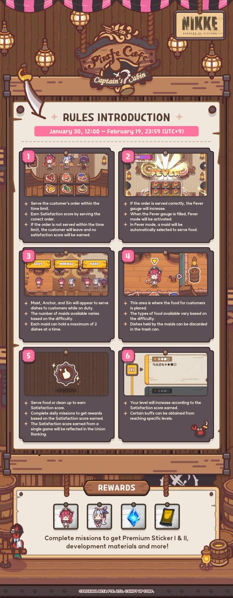 NIKKE_en's tweet photo. 【Mini Game: PIRATE CAFE Guide】

A Maid cafe? No! It's a Pirate Cafe specially designed by Mast!

Commanders, bring along your Nikkes and enjoy yourselves at the Pirate Cafe! 😊 Complete mission challenges to get gems, stickers and development materials.

Event Period
📅 1/30 12:00 ~ 2/19 23:59 (UTC+9)

#NIKKE