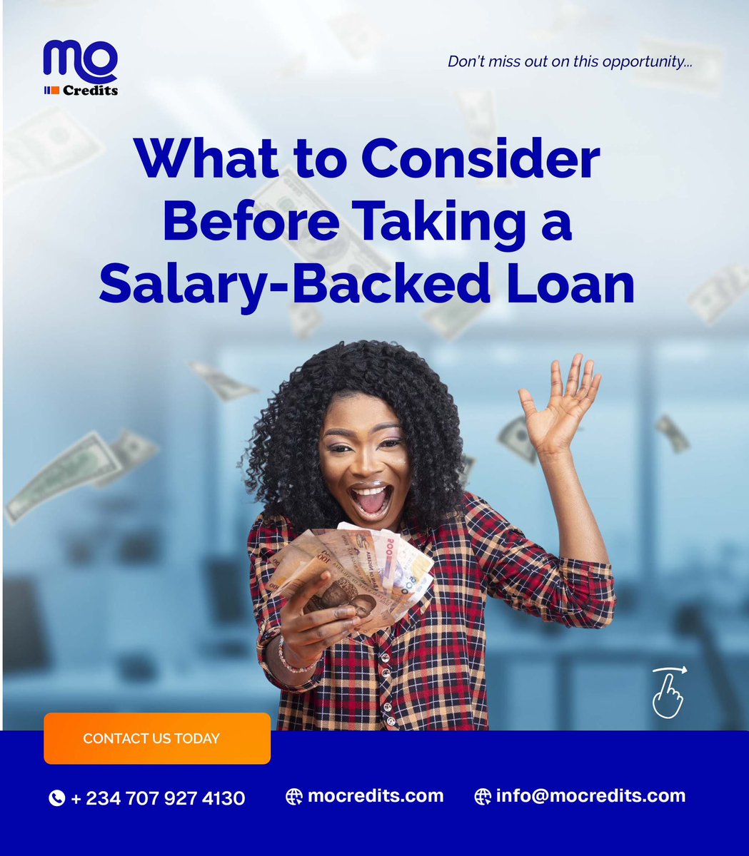 Mocreditsng's tweet image. Thinking of taking a salary-backed loan? 💡 Here’s what you need to know before you make the decision.

📞 +234 707 927 4130
🌐 mocredits.com
📧 info@mocredits.com

Let Mocredits guide you to smarter financial decisions!

#SalaryBackedLoan #SmartLoans #FinancialFreedom