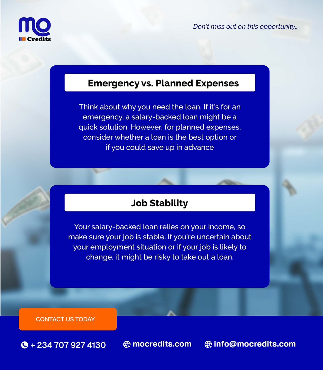 Mocreditsng's tweet image. Thinking of taking a salary-backed loan? 💡 Here’s what you need to know before you make the decision.

📞 +234 707 927 4130
🌐 mocredits.com
📧 info@mocredits.com

Let Mocredits guide you to smarter financial decisions!

#SalaryBackedLoan #SmartLoans #FinancialFreedom