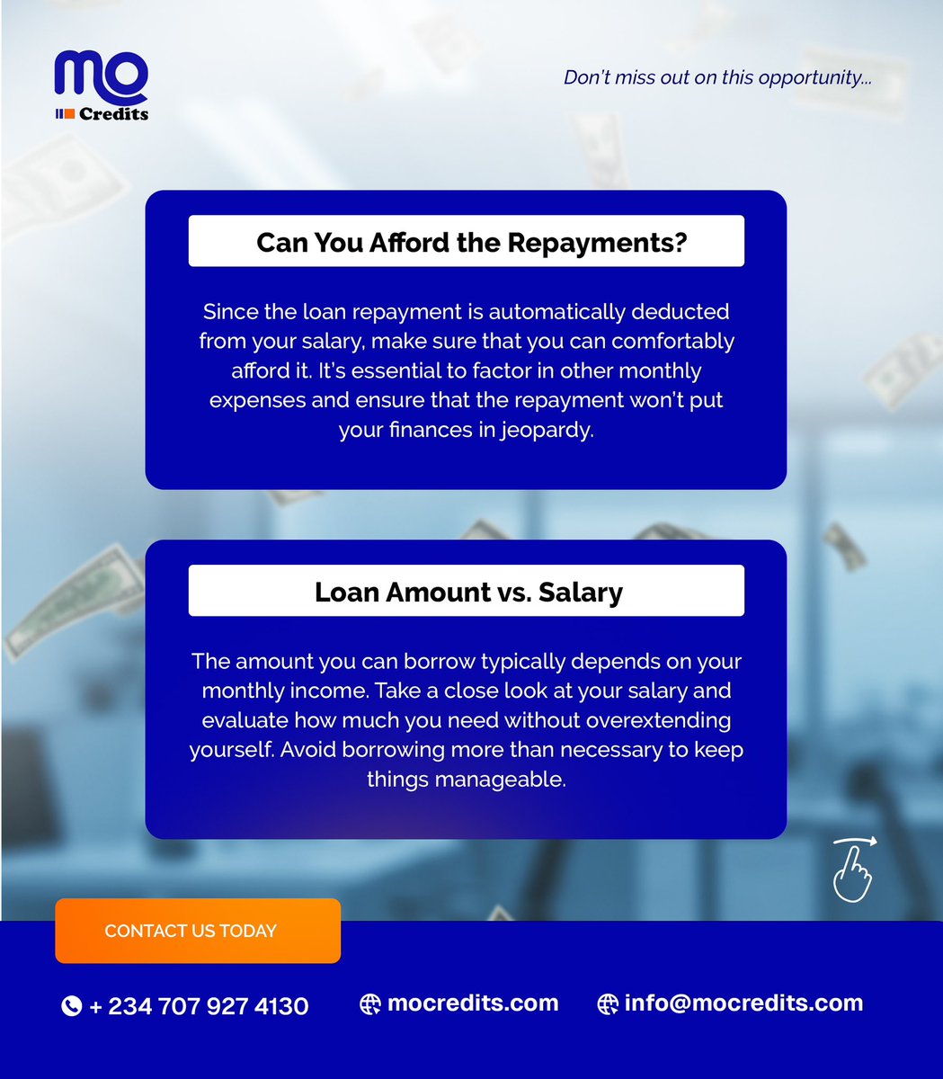 Mocreditsng's tweet image. Thinking of taking a salary-backed loan? 💡 Here’s what you need to know before you make the decision.

📞 +234 707 927 4130
🌐 mocredits.com
📧 info@mocredits.com

Let Mocredits guide you to smarter financial decisions!

#SalaryBackedLoan #SmartLoans #FinancialFreedom