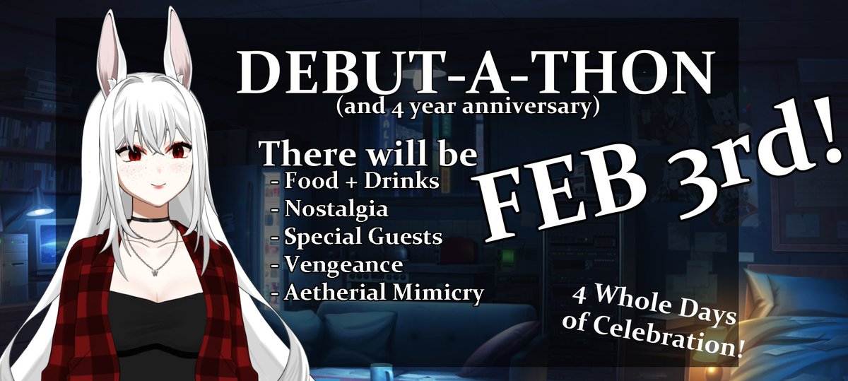 NPCeelie's tweet image. My model 1.0 is finally ready for debut! Oh, and what's this? It's my 4 year anniversary as well! AND I'm approaching 2k followers? It's time for a...

DEBUT-A-THON!

4 days of streams! Lots of events! A celebration of very nearly 2k proportions!

Beginning Feb 3rd!!

#VtuberEN