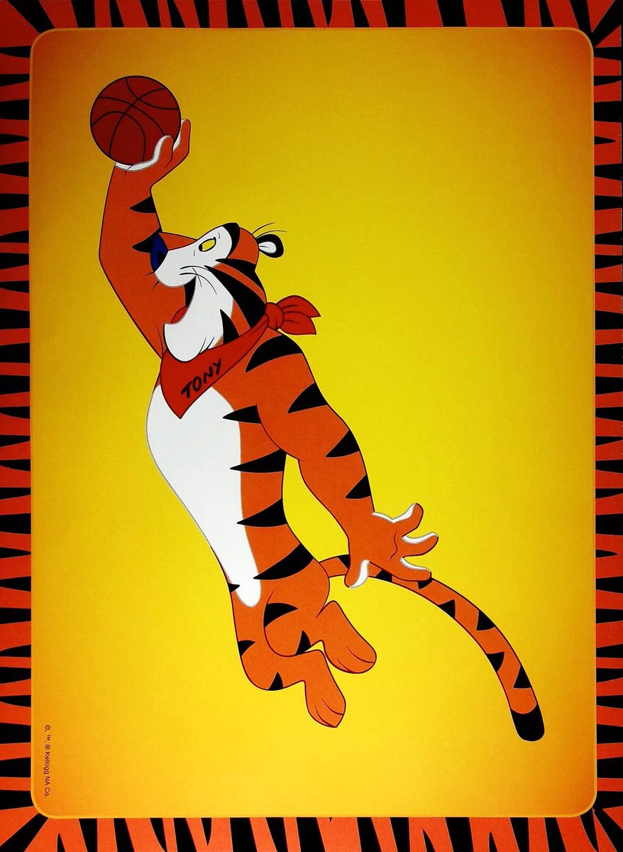 Kellogg's Tony the Tiger Frosted Flakes cereal cartoon mascot posters (scooter, jump rope, tennis, basketball)