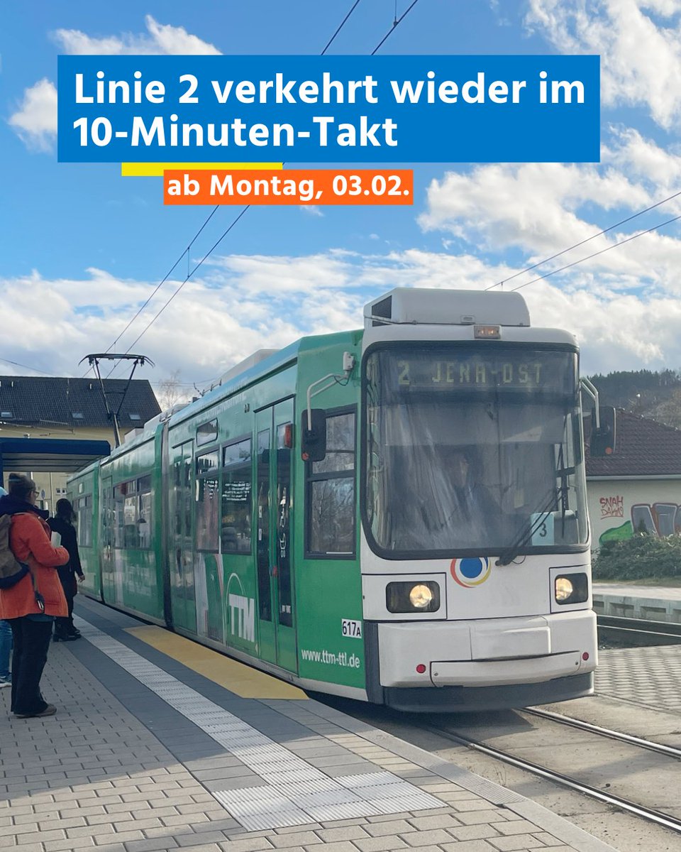 +++ Linie 2 verkehrt wieder im 10-Minuten-Takt +++

Ab Montag, 03.02., verkehrt die Linie 2 wieder im 10-Minuten-Takt.

🙏 Wir danken euch für eure Geduld während der vergangenen Wochen.

👉 Hier geht zu den Fahrplänen: stadtwerke-jena.de/nahverkehr/pri…