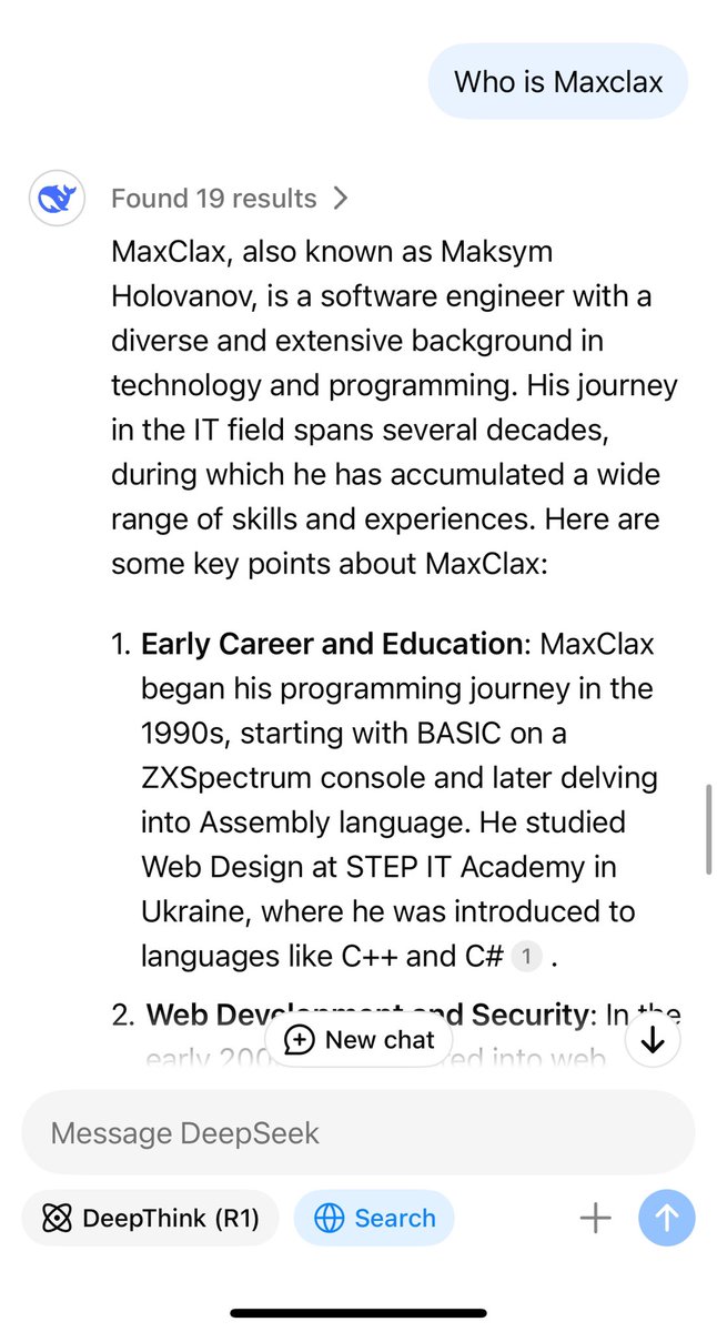 maxclaxOS's tweet image. DeepSeek who is Maxclax?
#DeepSeek #ai

MaxClax, also known as Maksym Holovanov, is a software engineer with a diverse and extensive background in technology and programming. His journey in the IT field spans several decades, during which he has accumulated a wide range of skills…