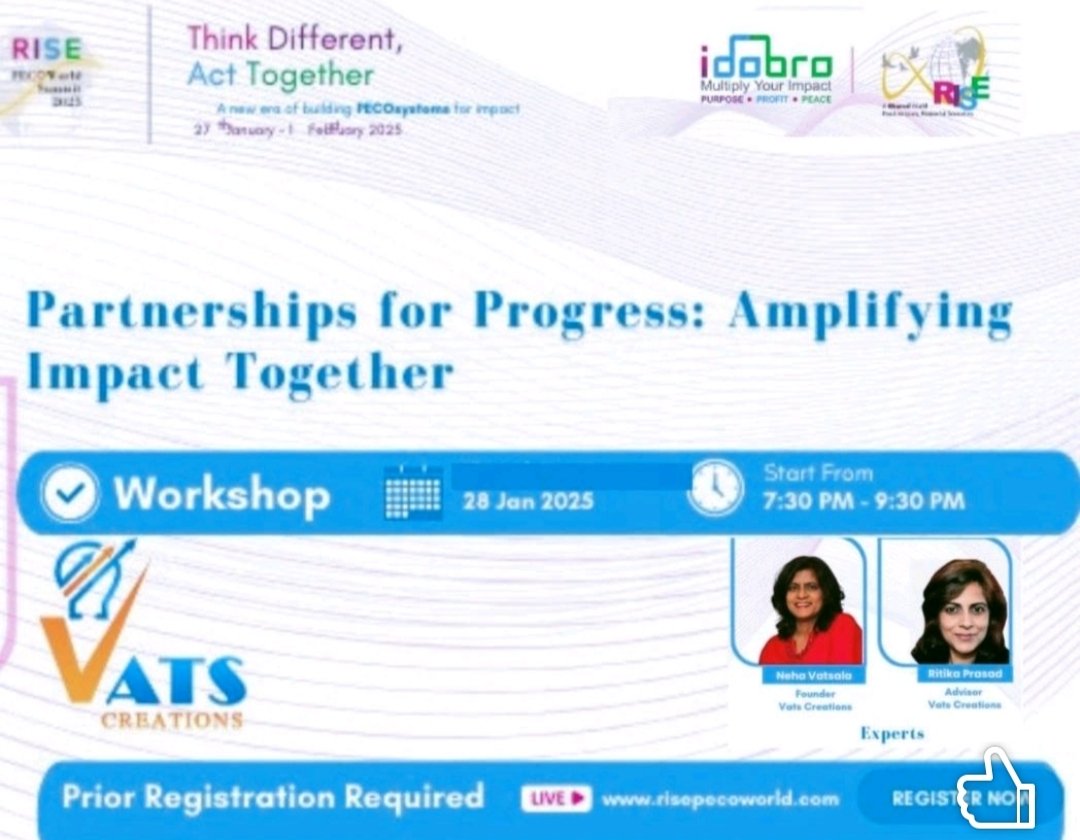 Join us for Workshop on "Partnerships for Progress" wid <a href="/Vats_Creations/">Vats Creations</a> <a href="/RISEInfinityF/">RISE Infinity Foundation</a>  <a href="/NehaVatsala/">Neha Vatsala</a> <a href="/VedcraftTeam/">Vedcraft</a> 
Discover strategies 2 build impactful collaborations,align goals,amplify outcomes 4 sustainable growth
🗓 28 Jan 2025
⏰ 7:30PM
👉 Register: risepecoworld.com