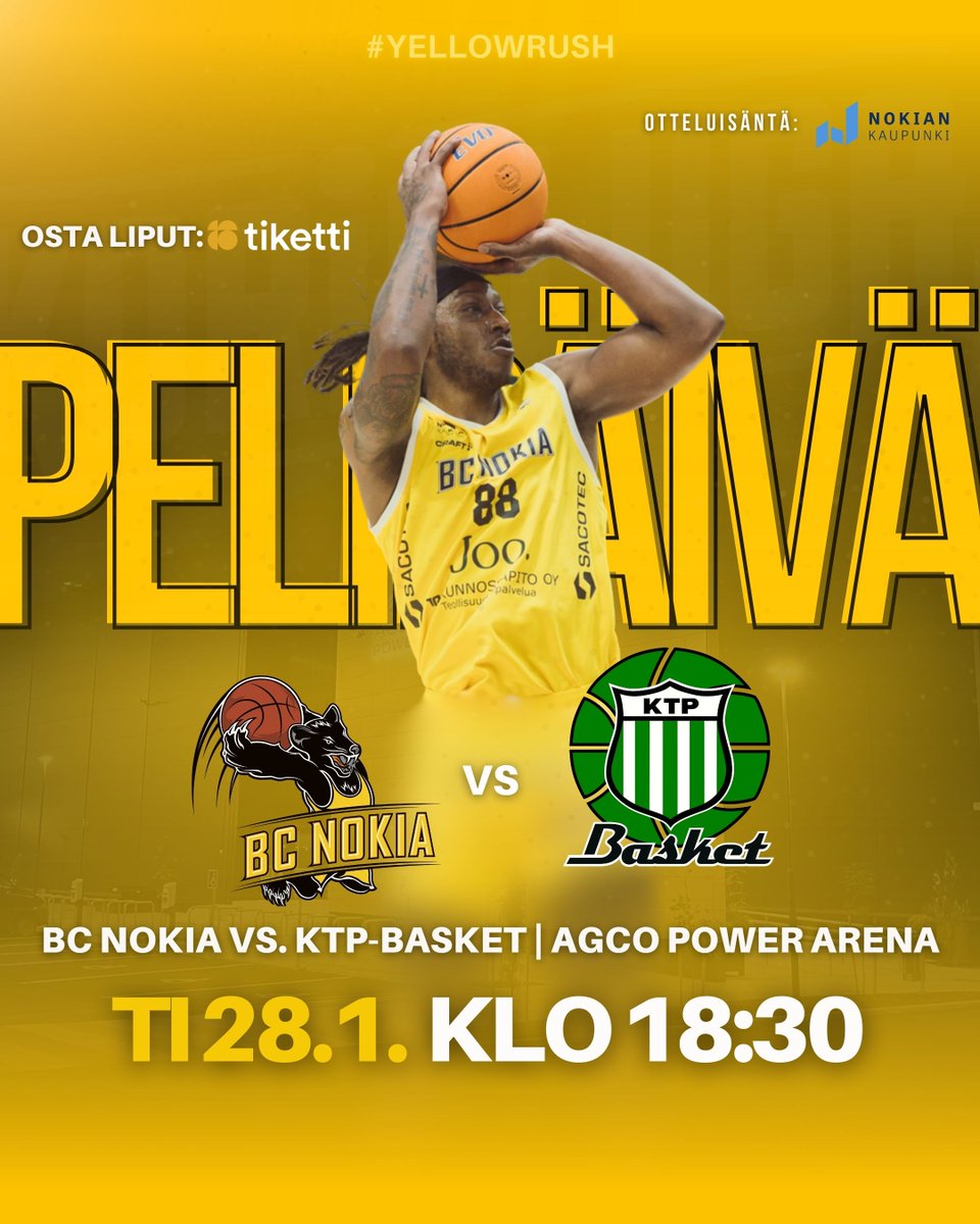 PELIPÄIVÄ! 👊🏽

🏀 BC Nokia vs. KTP-Basket
🗓️ TI 28.1. kello 18:30 | Arenan ovet auki 17:30
📍 AGCO Power Arena
ℹ️ Nokian kaupunki
🎟️ tiketti.fi

#yellowrush💛 #korisliiga