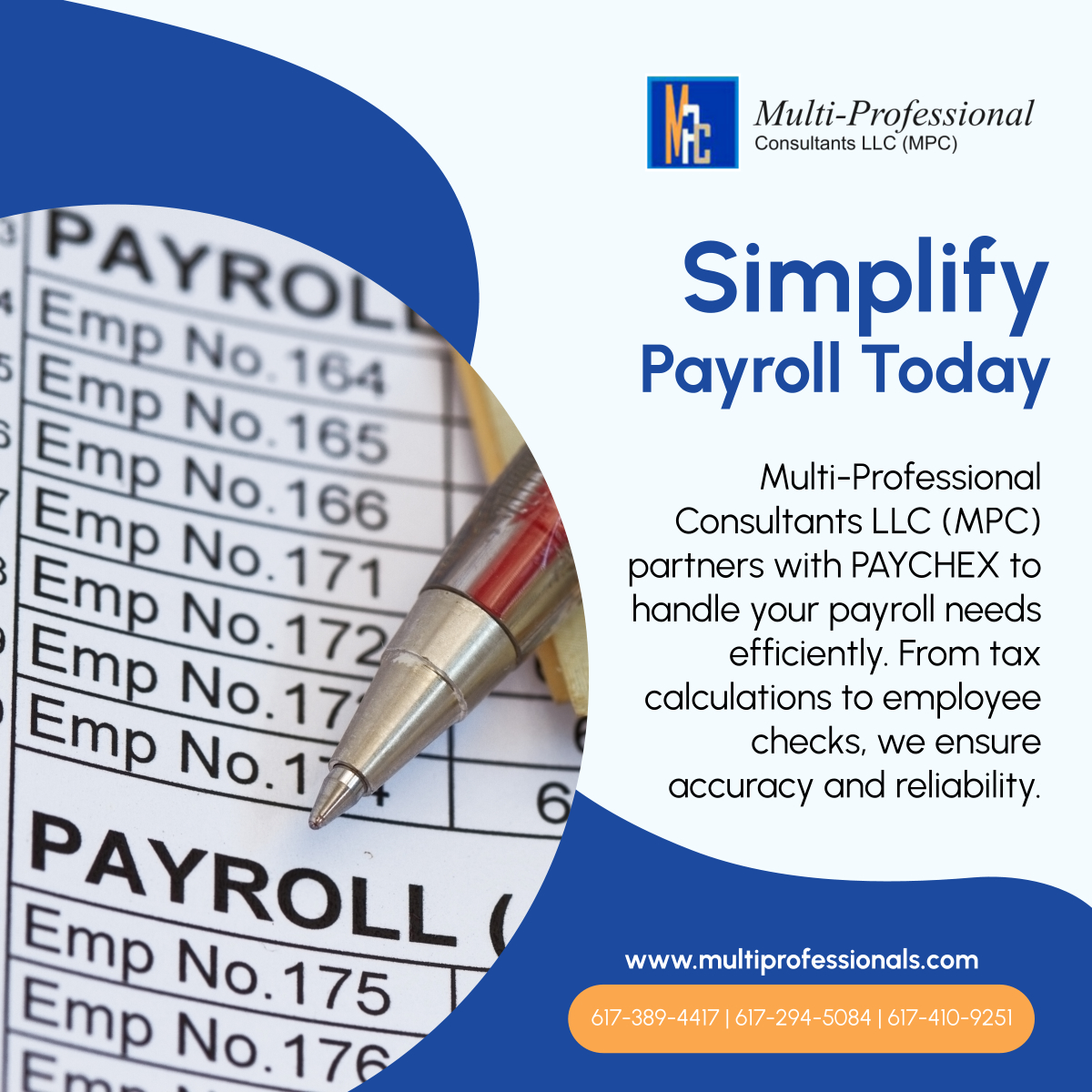 multiproconsllc's tweet photo. Payroll hassles? Multi-Professional Consultants LLC (MPC) and PAYCHEX ensure accuracy and reliability. Get professional payroll support today. Call us now! 

#EverettMA #Consultancy #PayrollServices https://t.co/faUb5qVIat