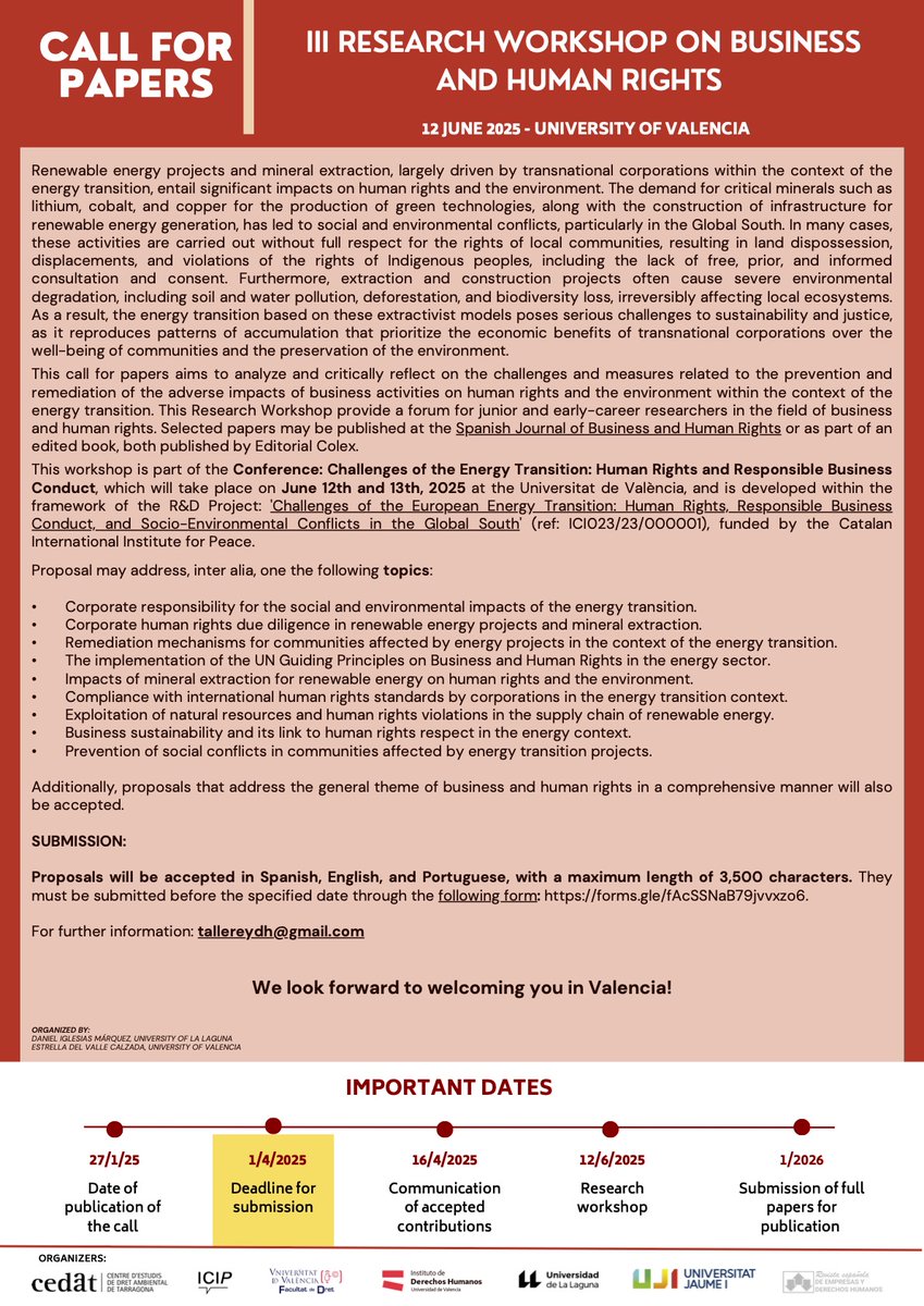 Instituto de Derechos Humanos UV (@idhuv) on Twitter photo 🌍 A call for papers is now open for the 3rd Research Workshop on Business and Human Rights, to be held on June 12-13, 2025, at the University of Valencia.
Don't miss the opportunity!
<a href="/Daniel_IgleMar/">Daniel Iglesias Márquez</a> <a href="/Estrellast3/">Estrella del Valle Calzada</a> <a href="/CEDATURV/">CEDAT</a> 🌍 A call for papers is now open for the 3rd Research Workshop on Business and Human Rights, to be held on June 12-13, 2025, at the University of Valencia.
Don't miss the opportunity!
<a href="/Daniel_IgleMar/">Daniel Iglesias Márquez</a> <a href="/Estrellast3/">Estrella del Valle Calzada</a> <a href="/CEDATURV/">CEDAT</a>