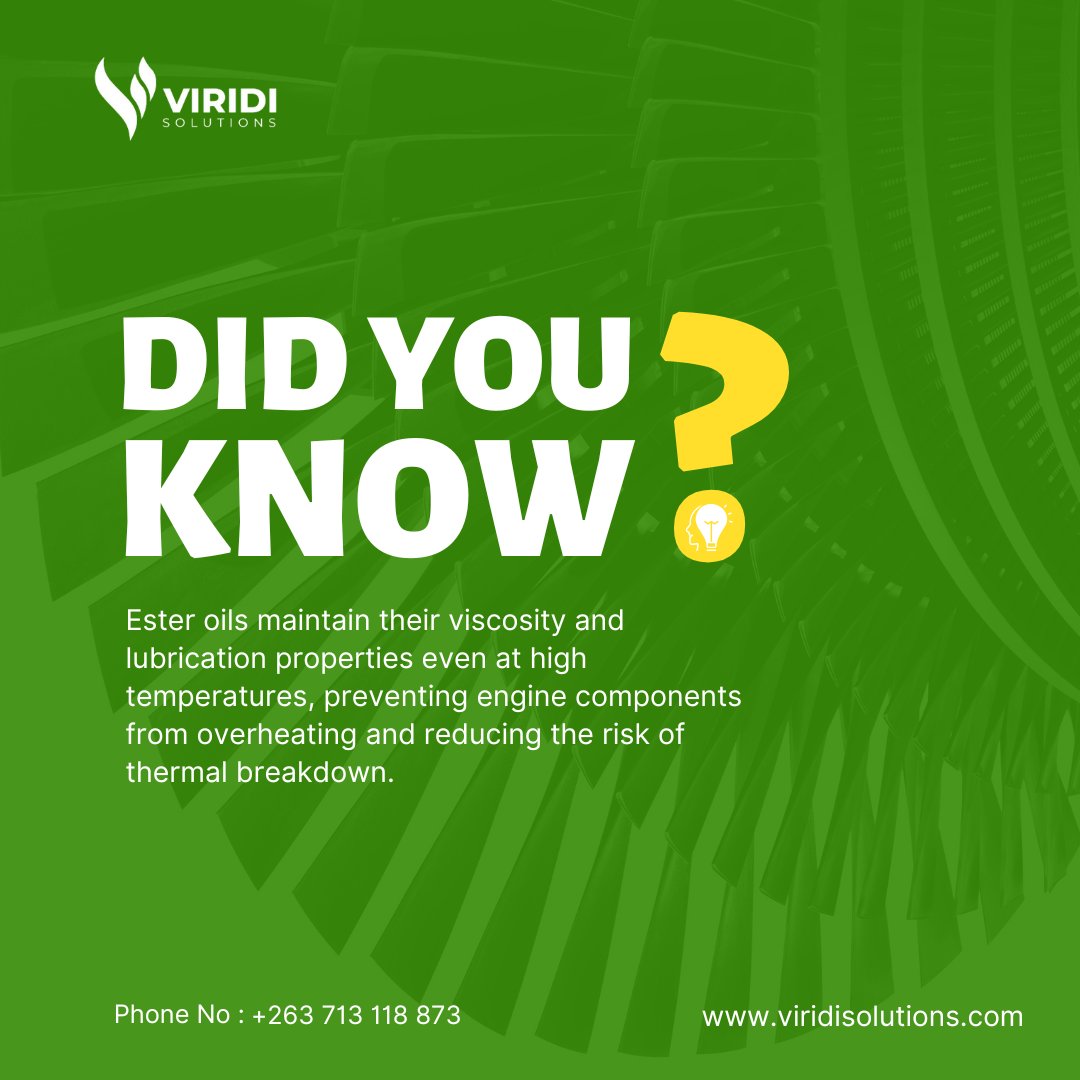 ViridiSolutionz's tweet photo. Ester oils are a game-changer when it comes to high-performance lubrication! Unlike conventional oils, ester-based lubricants maintain their viscosity even under extreme temperatures, ensuring your engine components stay cool and protected. https://t.co/0tolF8c1xl