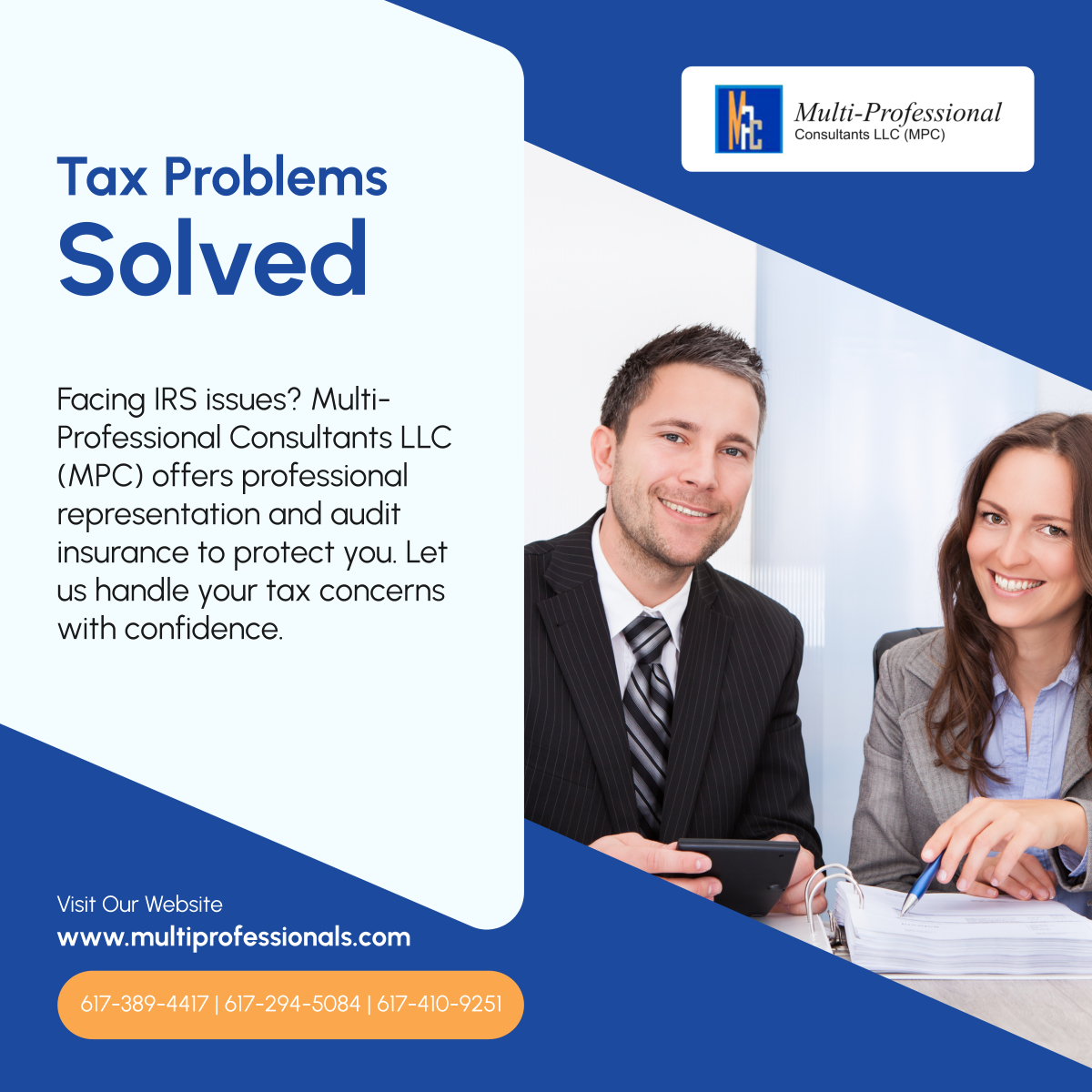 multiproconsllc's tweet photo. Got tax problems? Multi-Professional Consultants LLC (MPC) provides expert IRS representation and audit protection. Call us today for peace of mind! 

#EverettMA #Consultancy #TaxHelp https://t.co/JUwcBw4Ax6