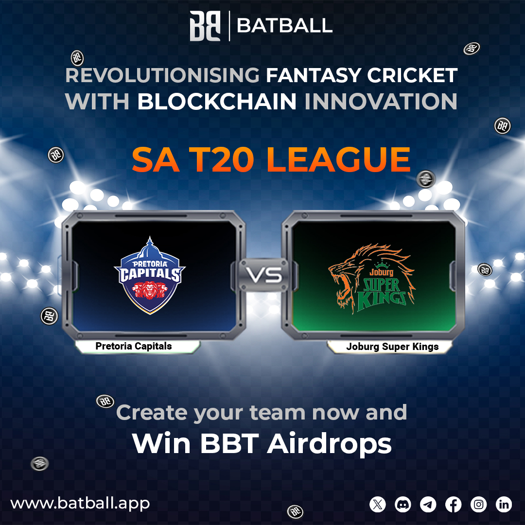 batball_app's tweet photo. ✨ Win Up to 30 BBT #Airdrops per match by joining today’s Mini Contests!

🔥 Today’s Matches:
1️⃣ @PretoriaCapsSA🆚 @JSKSA20 

💡 Claim #15BBT Airdrops by joining us on social media! Grow your BBT to participate in these exciting contests.

🛡️ Create Your Team Now: https://t.co/K2YvGOw8YL

🎯 Don’t wait—turn your cricket knowledge into rewards. Play now! 💪✨

#FantasyCricket #SA20League