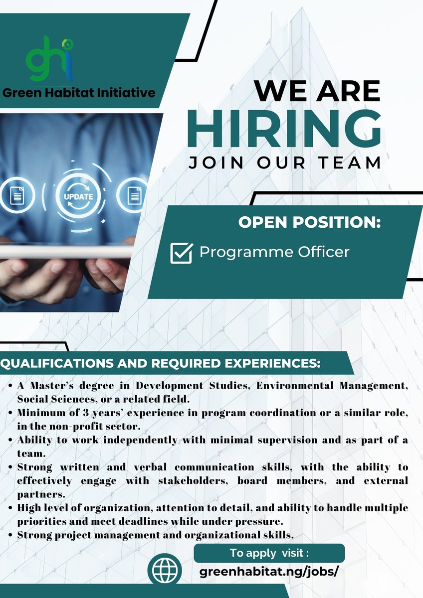 GreenHabitatNG's tweet photo. Green Habitat Initiative is looking for a passionate Program Officer to join our team and help drive impactful change.

Click the link in our bio to apply. Applications are open until February 05, 2025. Don’t miss this opportunity to join our team!
#WeAreHiring #ProgramOfficer https://t.co/SOFF0LA0CR