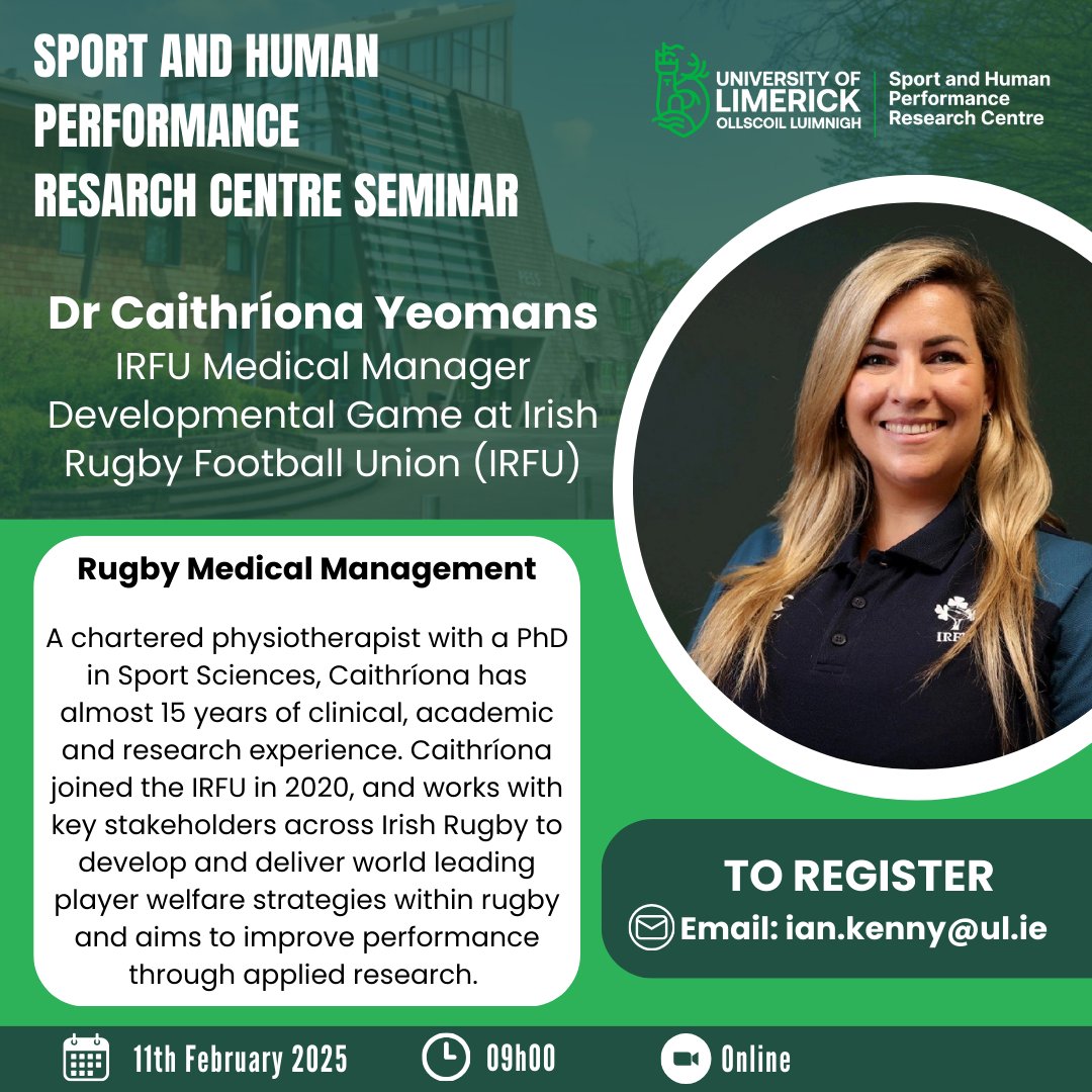 SHPRC (@sporthumanperf) on Twitter photo ATTENTION Rugby Coaches, Players, Staff, Researchers📢
SHPRC Webinar <a href="/CYeomansPhysio/">Caithríona Yeomans</a> <a href="/IRFUSportsMed/">IRFU Sports Medicine</a> Medical Manager Developmental Game at IRFU
'Rugby Medical Management'
📷Tuesday 11th Feb 2025 9h00 -Online
Register for free email ian.kenny@ul.ie 📧
#SHPRC #Webinar #Rugby ATTENTION Rugby Coaches, Players, Staff, Researchers📢
SHPRC Webinar <a href="/CYeomansPhysio/">Caithríona Yeomans</a> <a href="/IRFUSportsMed/">IRFU Sports Medicine</a> Medical Manager Developmental Game at IRFU
'Rugby Medical Management'
📷Tuesday 11th Feb 2025 9h00 -Online
Register for free email ian.kenny@ul.ie 📧
#SHPRC #Webinar #Rugby