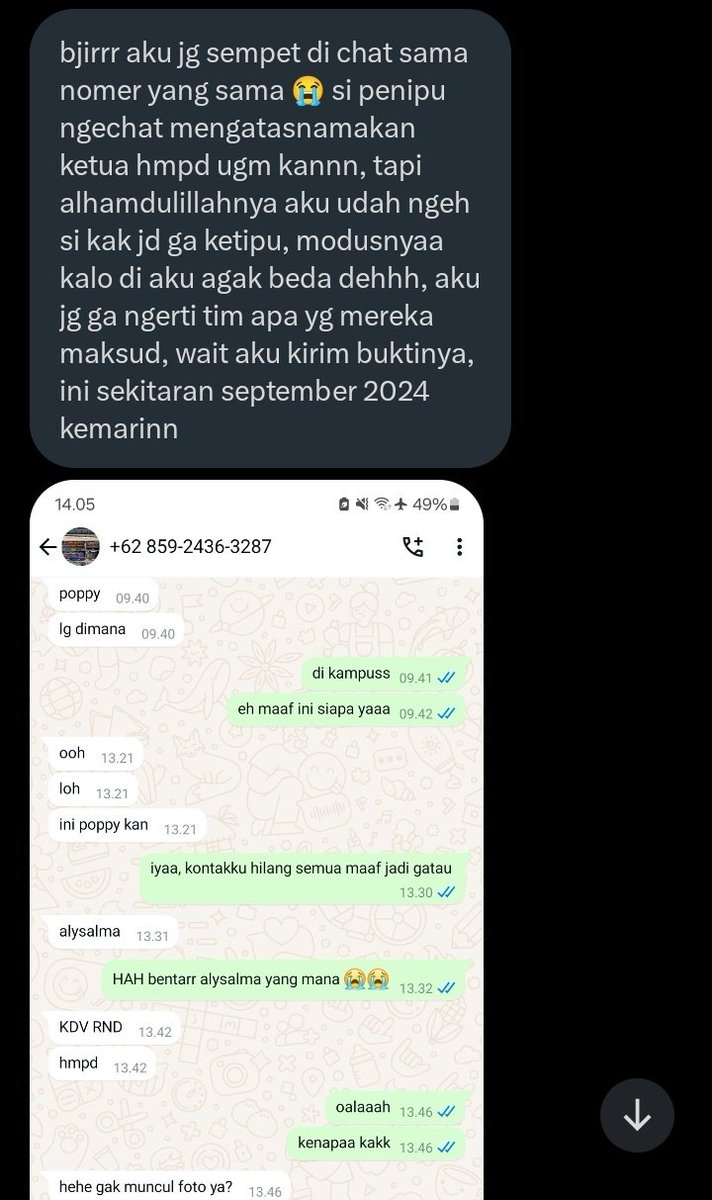 dind0y's tweet photo. mampir ugm juga ni penipu. tp modusnya lain (kali ini lebih aneh). ni ampe targetnya jg ga paham maksudnya tim apaan😭 

mana yg ngechat dia tuh nomor ‘florist SAMA toko kue LANGGANAN SEJAWA’ 😭 kaga jelas u RIZKY AHMAD SAPUTRA https://t.co/FlHPQdhGjF