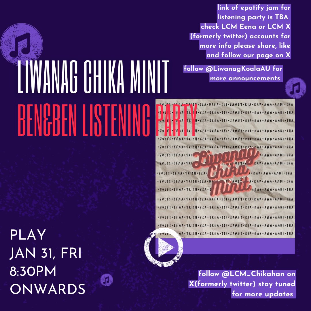 LCM_Chikahan's tweet photo. Hey liwanag! did you miss us? ‘cause we missed hanging out w/ you in our spaces &amp; podcasts so we decided to host a ben&amp;ben listening party on January 31, Friday 8:30PM-9:30PM we have a kwentuhan podcast about all things ben&amp;ben especially the song requests all details in poster🌻 https://t.co/UEARKowOjC