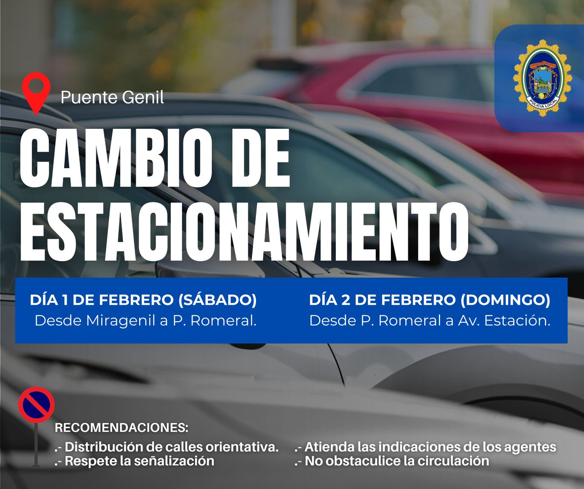 📢AVISO IMPORTANTE: Cambio de estacionamiento en calles señalizadas con "meses alternos" 🚫️

🗓️1 febrero: calles entre barrio de Miragenil y P. del Romeral.
🗓️2 febrero: calles entre P. del Romeral y Av. de la Estación.

✅ Evite obstaculizar la circulación.