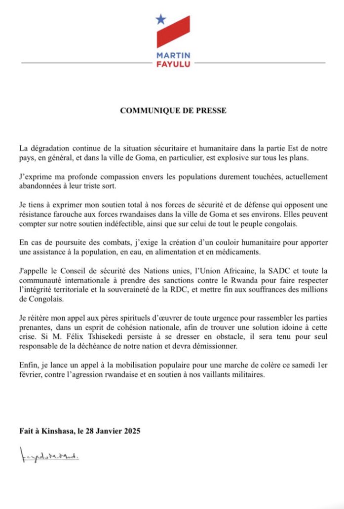 Je tiens à exprimer mon soutien total à nos forces de sécurité et de défense qui opposent une résistance farouche aux forces rwandaises dans la ville de Goma et ses environs.