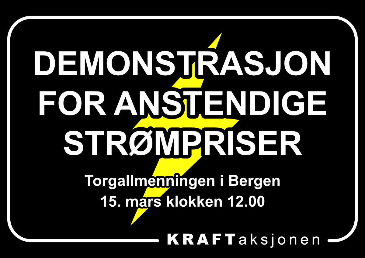 SaschaLiberte's tweet image. KRAFTaksjonen inviterer alle som krever anstendige strømpriser til STOR demonstrasjon på Torgallmenningen i Bergen 15. mars klokken 12.00!

#strømpris #strømprisdemonstrasjon #KRAFTaksjonen #demonstrasjon #kraft #strøm #Bergen #arvesølvet