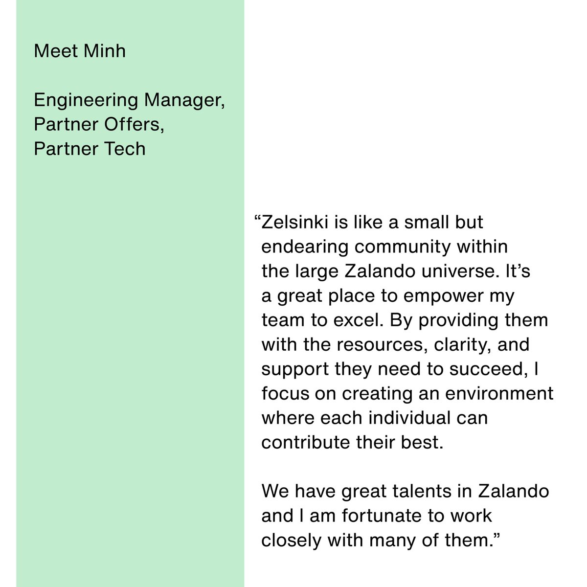 ZalandoTech's tweet image. Meet Minh, Engineering Manager in our Helsinki office. Minh moved to Finland for university and started his career at #ZalandoTech as a student, working as a Fullstack Engineer & growing in different roles as a Backend/DevOps/SRE Engineer, before advancing to Engineering Manager:
