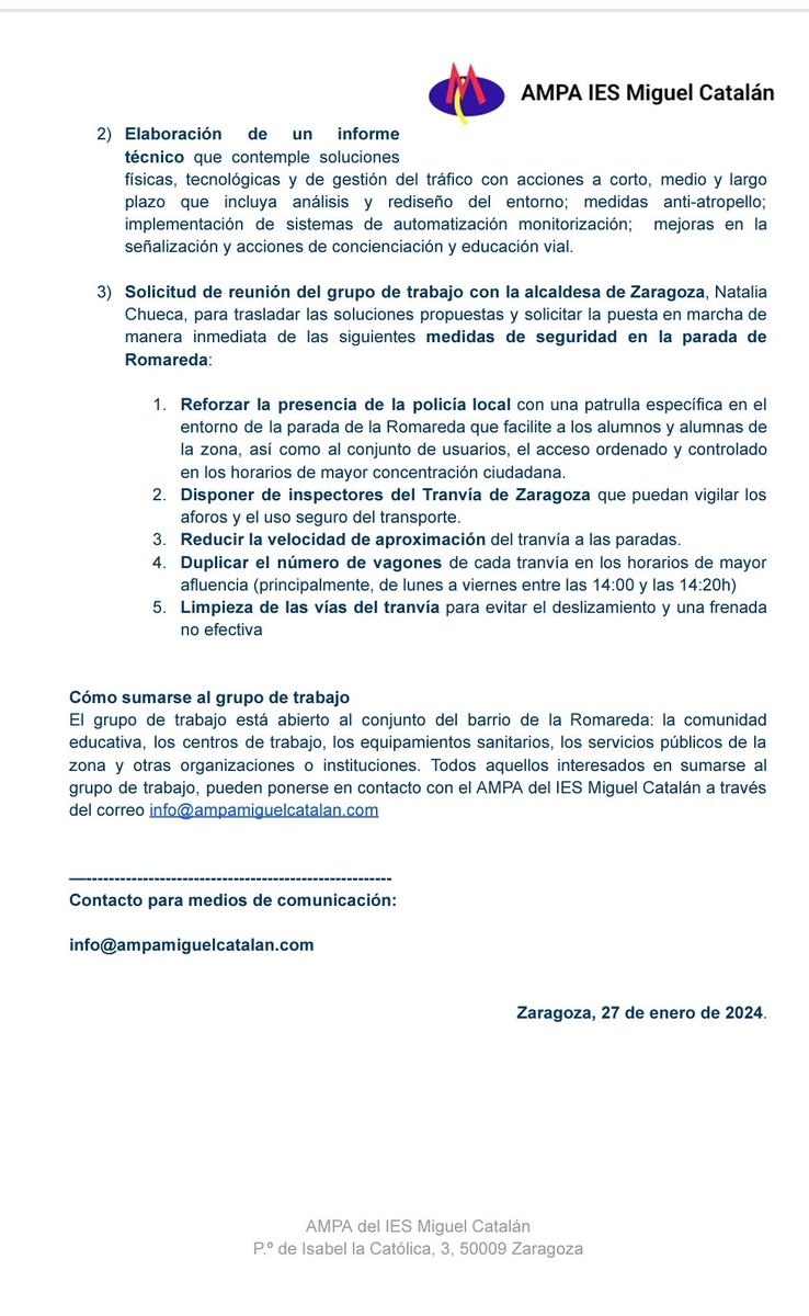 LOS CENTROS EDUCATIVOS DE LA ROMAREDA SE UNEN PARA MEJORAR LA SEGURIDAD EN TORNO AL TRANVÍA