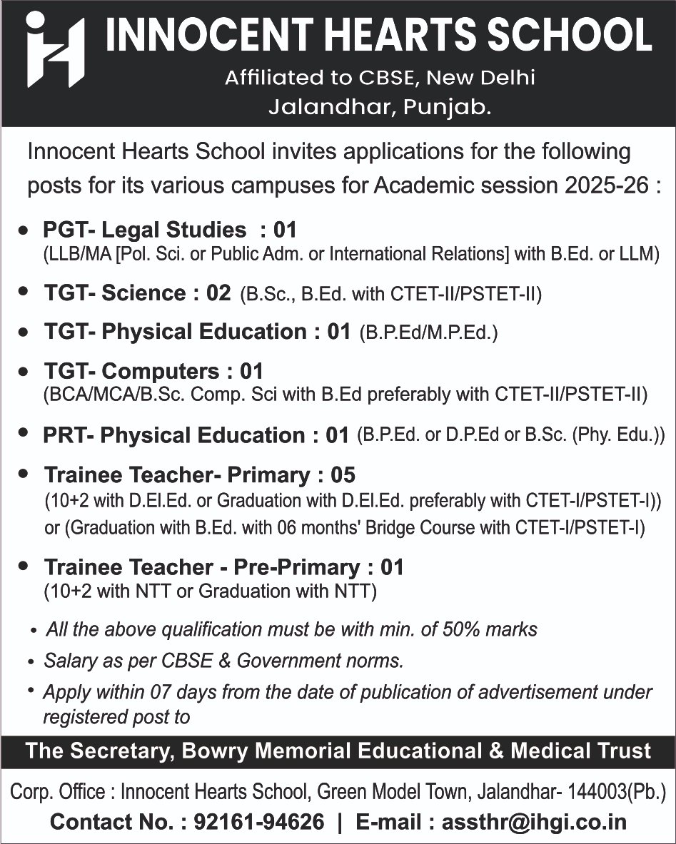 Hiring teacher for session 2025-26, apply within 7 day.