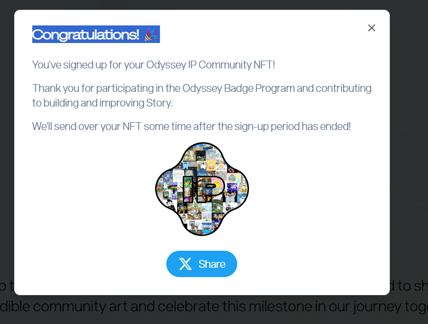 N0n0fx's tweet photo. I just signed up for @StoryProtocol's Odyssey Community IP NFT!

Hold any Odyssey Badges? Get yours! https://t.co/Hx72BheO3e