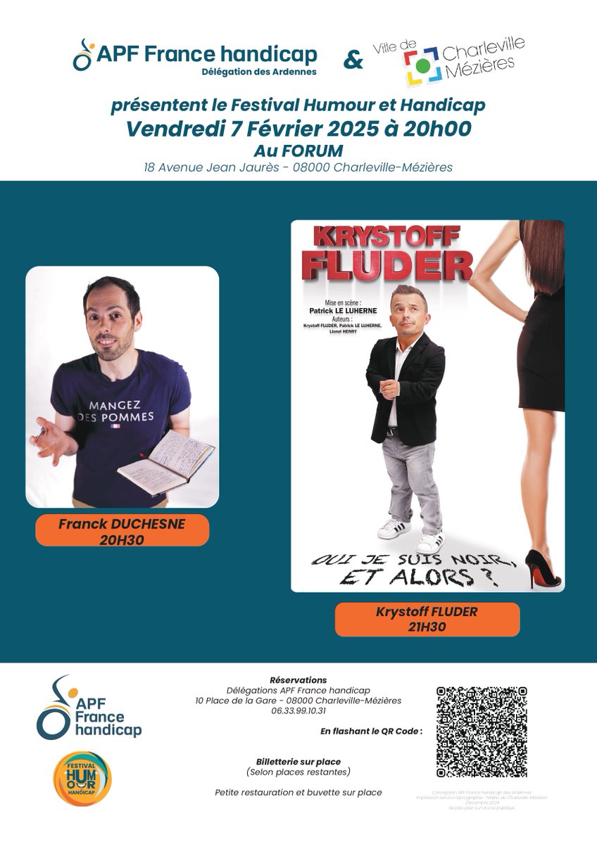 🎪 Vendredi 7 février, Le Forum de <a href="/VilledeCMz/">Ville de Charleville-Mézières</a> accueille la première édition du festival 𝑯𝒖𝒎𝒐𝒖𝒓 𝒆𝒕 𝒉𝒂𝒏𝒅𝒊𝒄𝒂𝒑. Au programme : de l'autodérision, de l'humour et du talent avec <a href="/franckduch/">Franck Duchesne</a> et <a href="/kfluder/">Krystoff FLUDER</a>. Et si nos différences nous rapprochaient ? 🫂