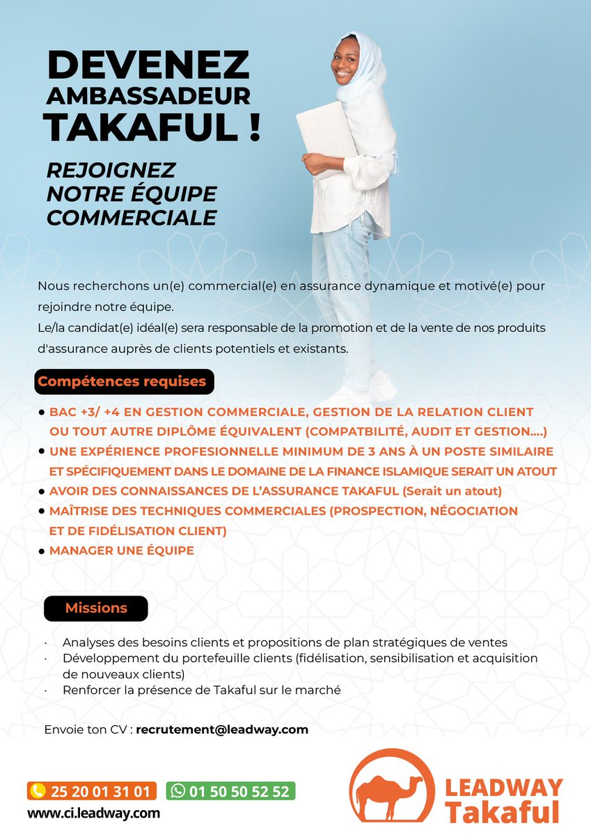 LeadwayCI's tweet photo. Vous êtes ambitieux(se) et souhaitez donner un nouvel élan à votre carrière ? 
Rejoignez Leadway Assurance Côte d'Ivoire ! 
Envoyez votre CV à recrutement@leadway.com
Date limite de candidature : 31 janvier 2025 

#LeadwayAssuranceci #carrière #opportunités #Takaful https://t.co/an88rBAF3j