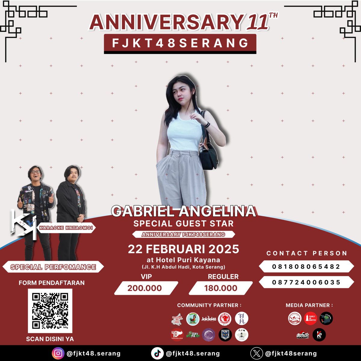 Fjkt48Serang's tweet photo. ✨ 11th Anniversary FJKT48 Serang ✨

Bersiaplah untuk perayaan 11 tahun perjalanan luar biasa FJKT48 Serang dengan tema #E11evenStrong

Di balik setiap langkah kita, ada dukungan kuat dari para teman teman yang selalu hadir sebagai pilar kekuatan. https://t.co/xd9QD3KmWB