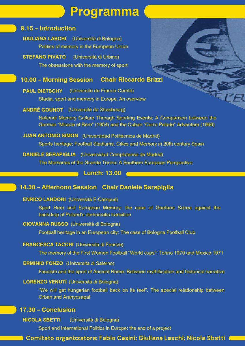 🔜Segnaliamo: Sport &amp; Collettive memories. The political use of the sporting past in Europe

📅 Venerdì 31 gennaio  ore 9 e 15 - 18
📍 Teaching Campus Hub(Campus Forlì). Via F. Corridoni, 20

Maggiori info: arti.sba.unibo.it/puntoeuropa/it…